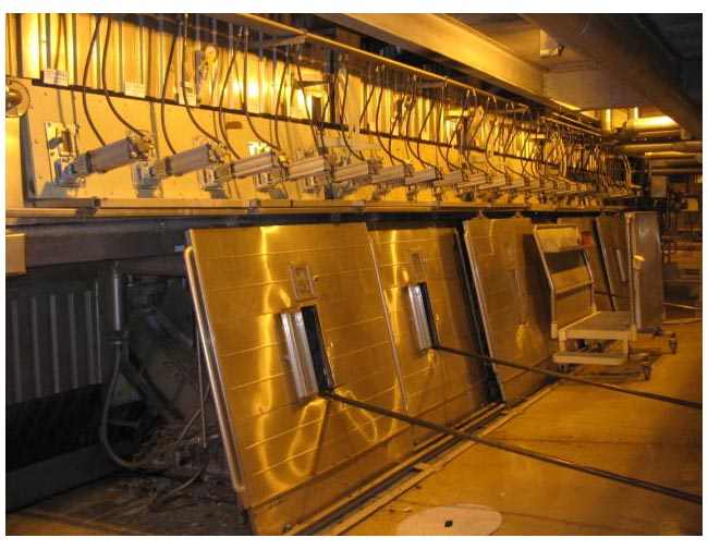 Modern smelt spout area of a recovery boiler (Valmet)